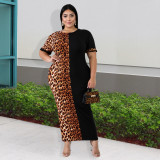 Vestido de cuello redondo con estampado de leopardo y patchwork de manga corta a la moda para mujer de talla grande
