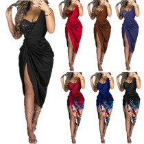 Women's Solid Sexy Sequin Slit Maxi Pleated One-Shoulder Evening Dress