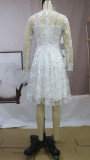 Spring Women Elegant White Overall Lace O-neck Long Sleeve Puffy Short Bridal Wedding Dress