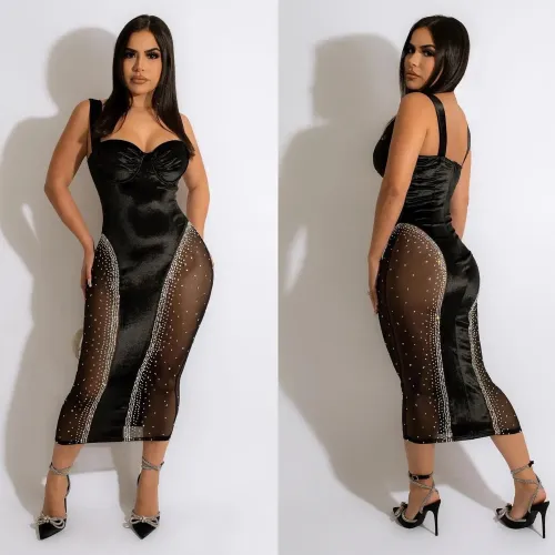 Sexy Slim Strap Wrap Chest See-Through Beaded Dress Nightclub