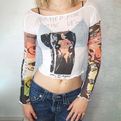 T-shirt da donna con stampa a maglia a maniche lunghe girocollo estiva a maniche lunghe