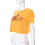 Camiseta de mujer corta con estampado de manga corta y cuello redondo de verano