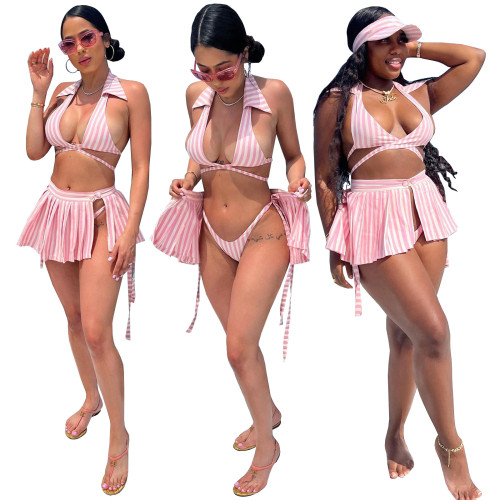 Mode femmes rayé imprimé licou cou Bikini jupe plissée sport maillot de bain trois pièces tenue