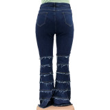 Spring Fashion Dk-Blue High Waist Ripped Layers Tassels Jeans