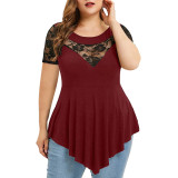 Womens Plus Size Floral Lace Short Sleeve Irregular See-Through Round Neck Women's Top