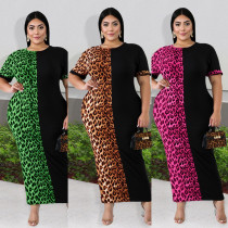 Plus Size Women's Fashion Short Sleeve Patchwork Leopard Print Round Neck Dress