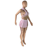 Traje de baño deportivo con falda plisada y cuello halter con estampado de rayas para mujer a la moda Traje de baño de tres piezas