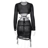 Women's Solid Round Neck Long Sleeve Open Waist Drawstring Gathered Sexy See-Through Bodycon Dress