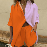 夏の女性のツーピースダブルカラーブロック半袖ショーツファッションカジュアルな服装