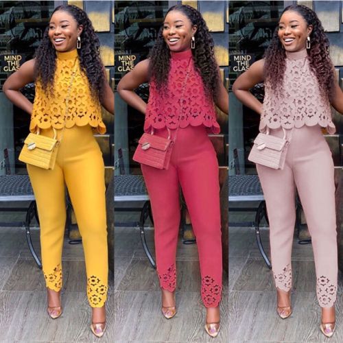 Womens African Ladies Summer Sleeveless Cutout Fashion Casual Suit Two Piece
