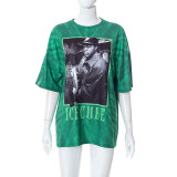 Camiseta vintage americana informal suelta con cuello redondo y estampado de retrato de verano para mujer