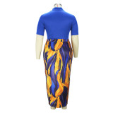 Plus Size Women's Summer Suit Lace-Up V-Neck Gradient Print Dress Two Piece