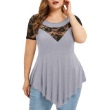 Womens Plus Size Floral Lace Short Sleeve Irregular See-Through Round Neck Women's Top