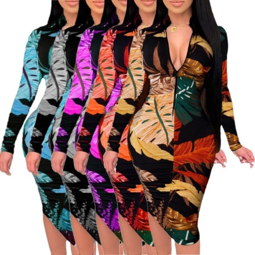 Ladies Printed Long Sleeves Zipped Bodycon Dress