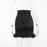 Spring and Autumn Patchwork Lace-Up Wrinkled Lace Side High Waist Skirt Women