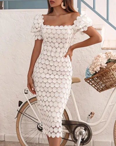 Ladies Elegant Fashion Lace Short Sleeve Maxi Dress