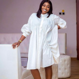Plus Size Solid Pleated Long Sleeve Shirt Dress