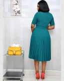 Plus Size Women Summer African Mom Short Sleeve Round Neck Solid Pleated Dress