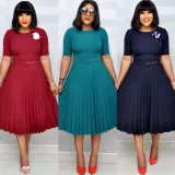 Plus Size Women Summer African Mom Short Sleeve Round Neck Solid Pleated Dress