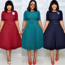 Plus Size Women Summer African Mom Short Sleeve Round Neck Solid Pleated Dress