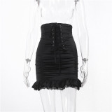 Spring and Autumn Patchwork Lace-Up Wrinkled Lace Side High Waist Skirt Women