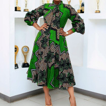 Plus Size African Women Fashion Print Lace Up High Waist Swing Dress