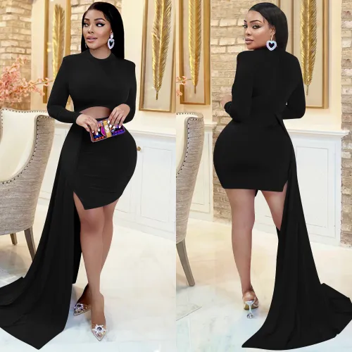 Women Solid Color Long Sleeve Cutout Slit Dress