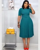 Plus Size Women Summer African Mom Short Sleeve Round Neck Solid Pleated Dress