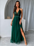 Women Clothes Summer Solid Sexy Strap Sequins Backless Slit Evening Dress