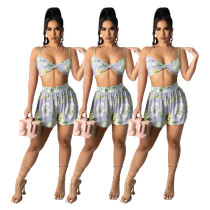 Damen Kleidung Sommer Herbst Lace-Up Strap Print zweiteiliges Shorts Set