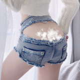 Short en jean sexy taille basse ultra short short moulant lingerie érotique uniforme tentation