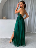 Women Clothes Summer Solid Sexy Strap Sequins Backless Slit Evening Dress