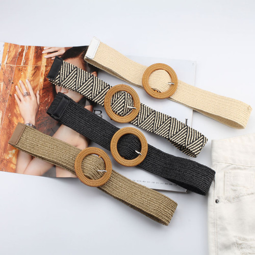 Cintura intrecciata in erba di lino Cintura decorativa con fibbia quadrata rotonda da donna (MOQ 4)