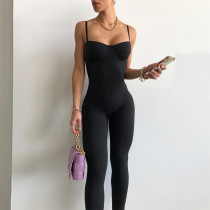 Women Clothes Fashion Sports Slim Cross Strap Backless Solid Color Fitted Jumpsuit