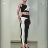 Ropa de mujer Moda Casual Contraste Color Sin mangas Crop Tank Pantalones Conjunto de dos piezas