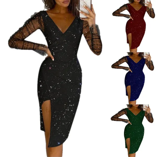 Autumn And Winter Women Clothes Sequin V-Neck Bodycon Sexy Mesh Dress