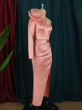 Un hombro espalda baja manga larga cintura alta plisada hendidura vestido de noche vestido de fiesta de mujer
