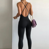 Vêtements pour femmes Fashion Sports Slim Cross Strap Backless Solid Color Fitted Jumpsuit