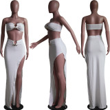 Women Clothes Casual Fashion Sexy Strapless Wrap Breast Irregular Skirt Two Piece Set Beachwear