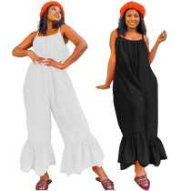 Women Clothes Casual Solid Strap Ruffled Wide Leg Loose Jumpsuit