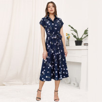 Summer Women's Art Retro Print Turndown Collar Lace-Up Mid Waist Dress