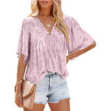 Chemise à manches cloche à texture florale d'été pour femmes, haut en mousseline à col en V