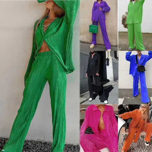 Spring/Summer Solid Color Drape Loose Silky Pleated Casual Two-piece Set