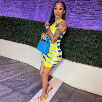Summer Women's Sexy Print Slim Waist Round Neck Sleeveless Low Back Bodycon Short Dress