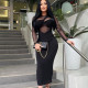 Women's Round Neck Mesh Patchwork Long Sleeve Maxi Tight Fitting Dress