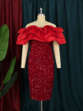 Elegant Women's Sequined Red Velvet Off Shoulder Wrap Sequin Dress Birthday Party Dress