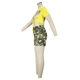 Traje corto con estampado de verano Camiseta de manga corta con cuello redondo Pantalones cortos de camuflaje para mujer de dos piezas