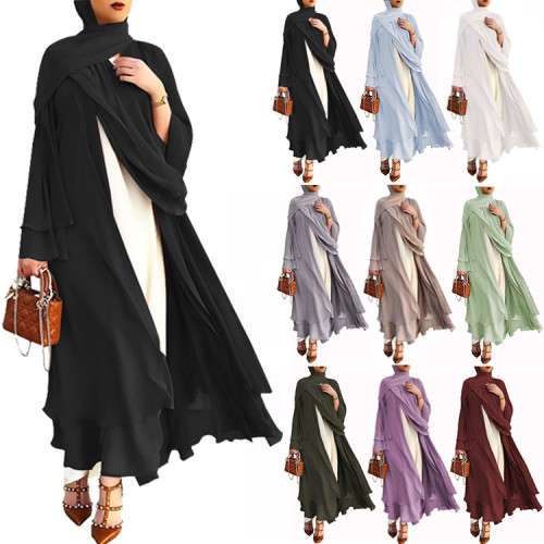 イスラム教徒の無地のカーディガンフェミニンな流れるシフォンプラスサイズのレディースドレス