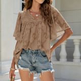 Chemise à manches cloche à texture florale d'été pour femmes, haut en mousseline à col en V