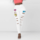 Denim Ripped Fashion Style Print Tight Jeans pour femmes
